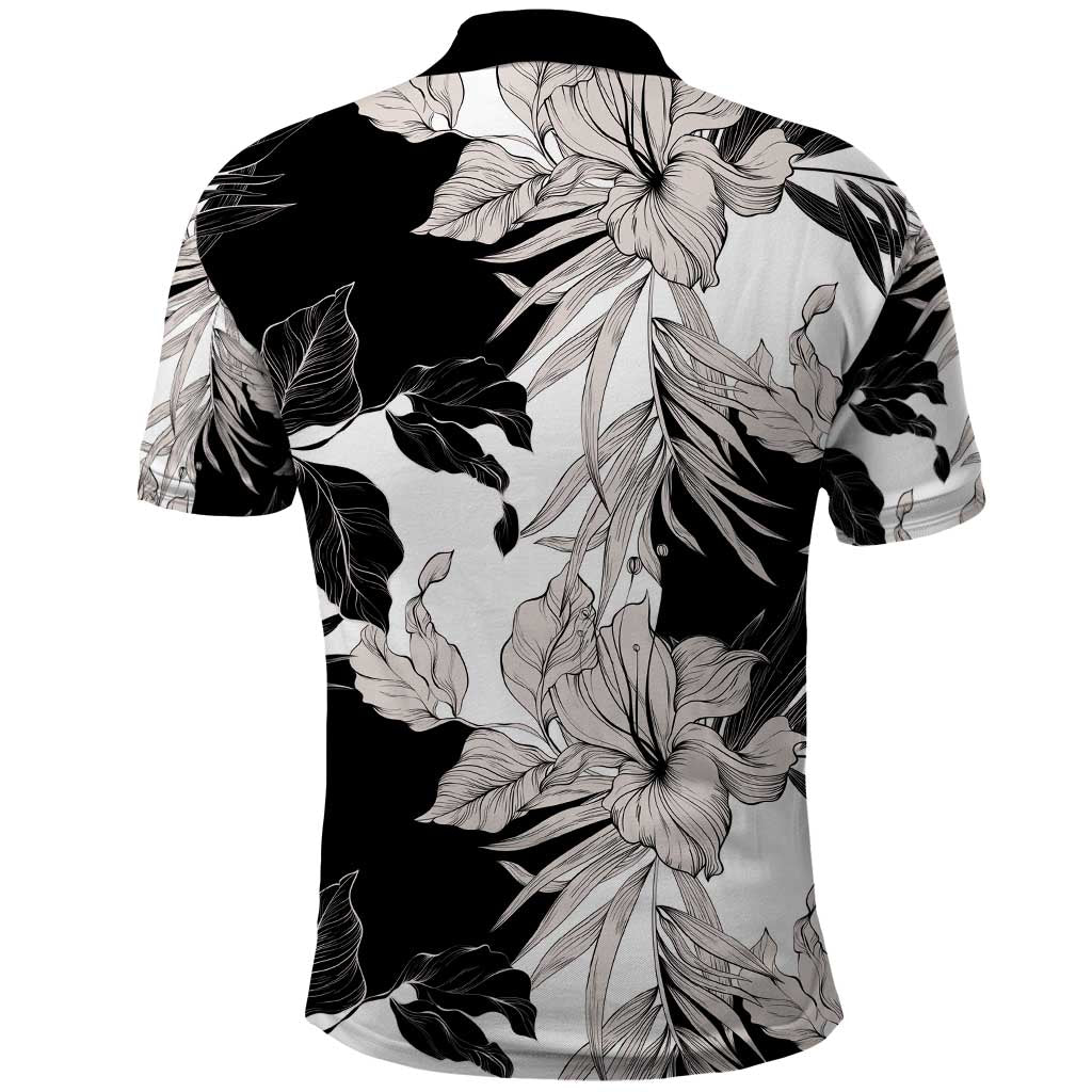 Black White Monotone Tropical Flowers Pattern Polo Shirt - Polynesian Pride
