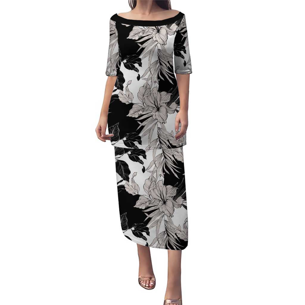 Black White Monotone Tropical Flowers Pattern Puletasi LT01 Long Dress Black - Polynesian Pride