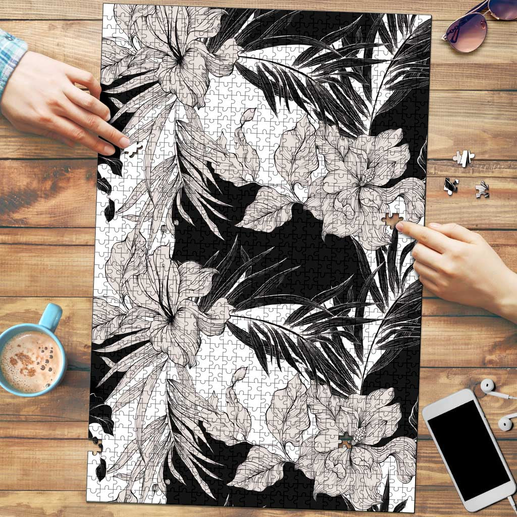 Black White Monotone Tropical Flowers Pattern Puzzle - Polynesian Pride