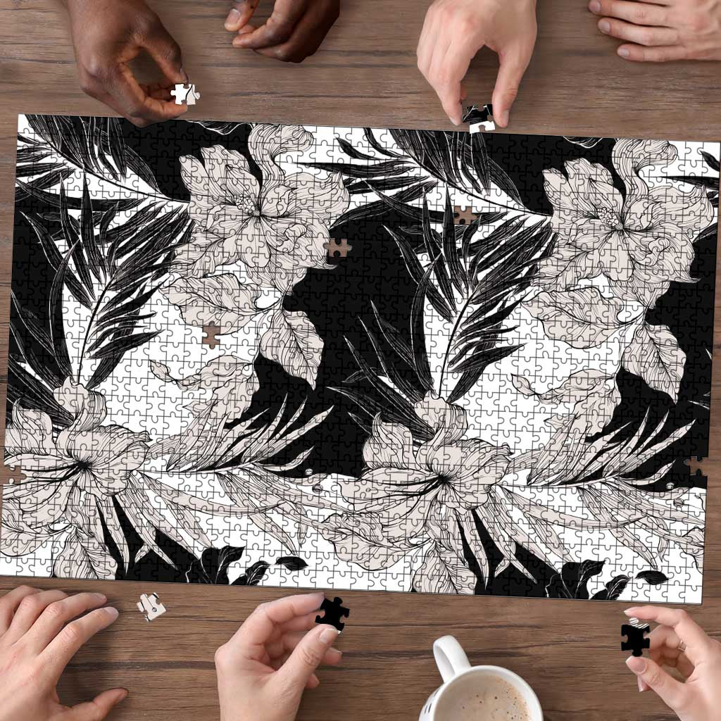 Black White Monotone Tropical Flowers Pattern Puzzle - Polynesian Pride