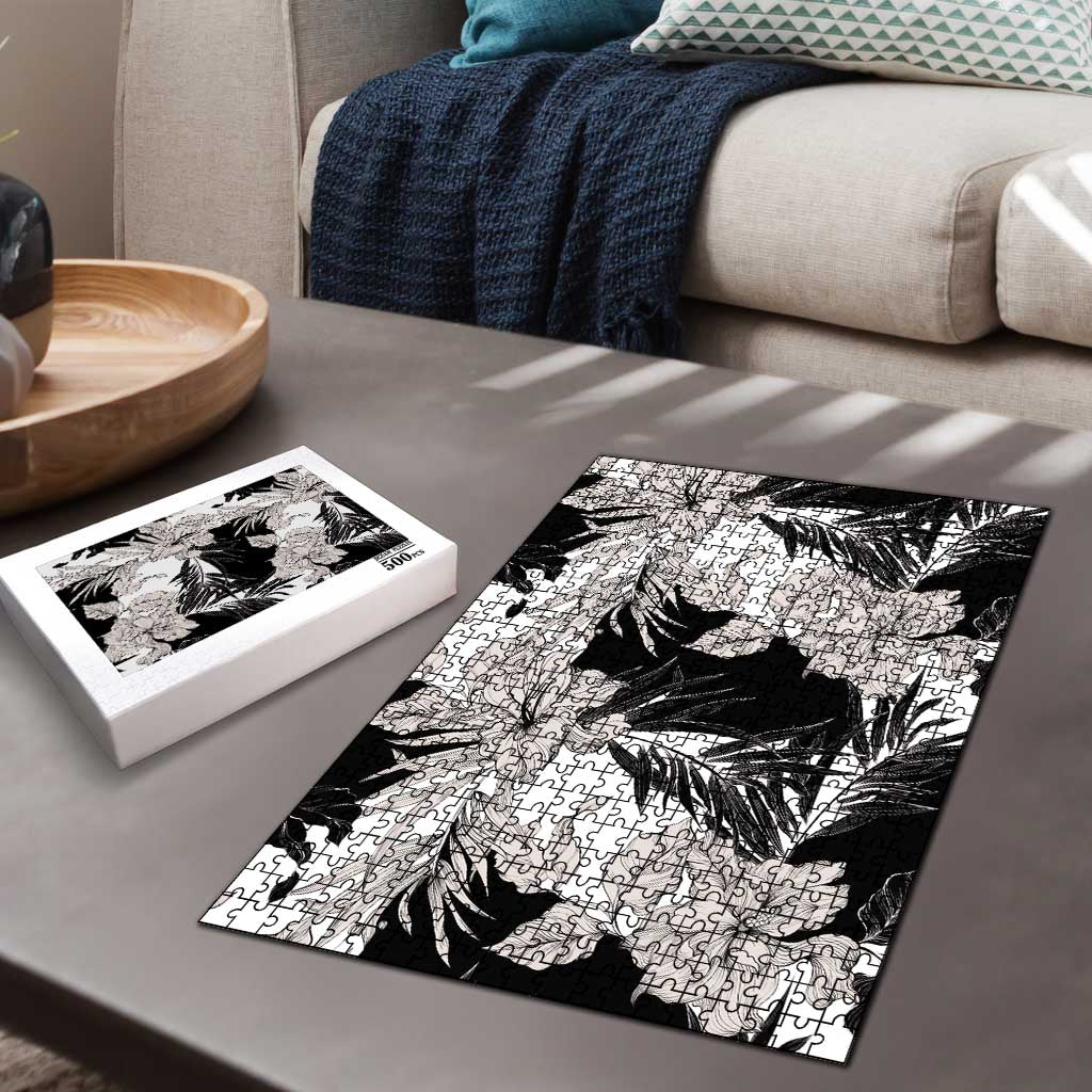Black White Monotone Tropical Flowers Pattern Puzzle - Polynesian Pride