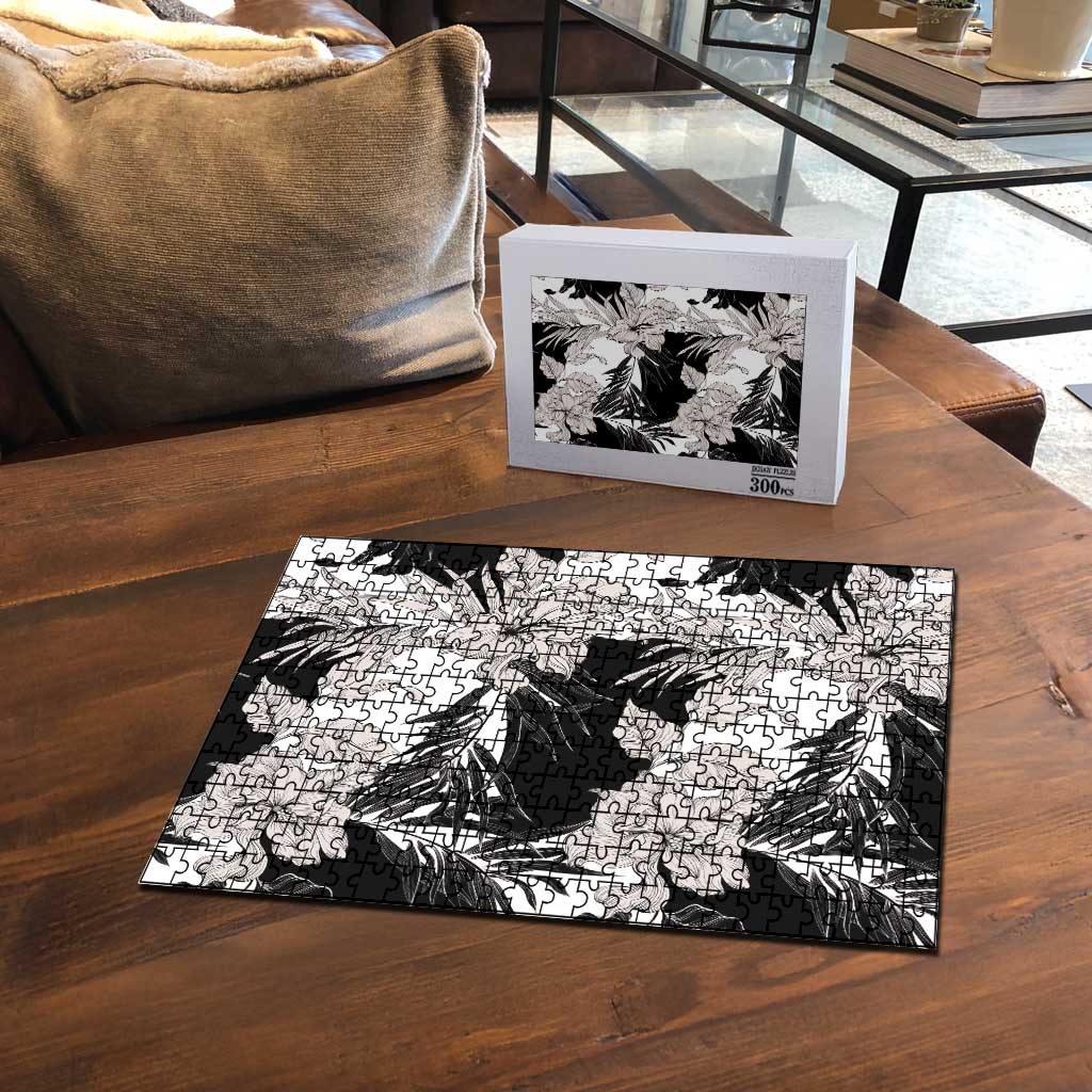Black White Monotone Tropical Flowers Pattern Puzzle - Polynesian Pride