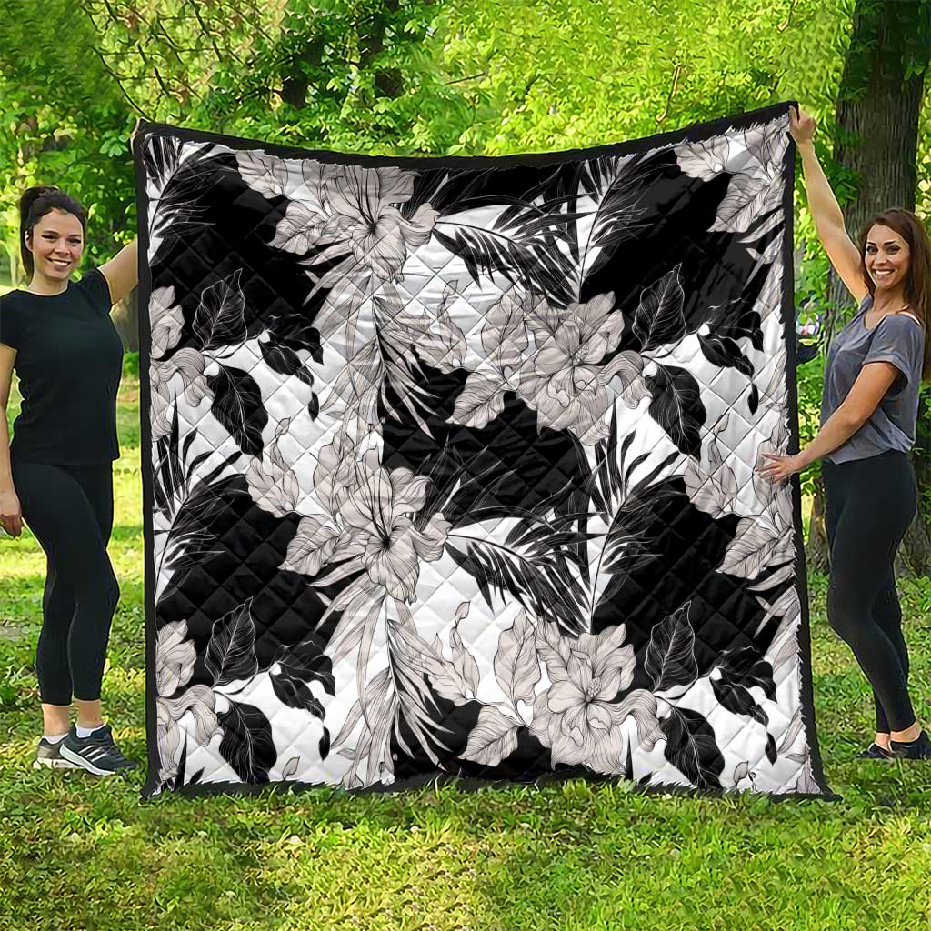 Black White Monotone Tropical Flowers Pattern Quilt - Polynesian Pride