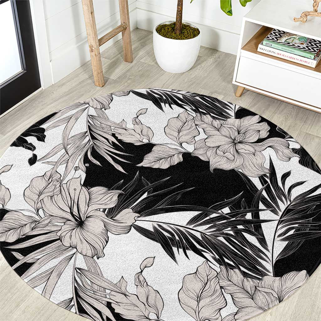Black White Monotone Tropical Flowers Pattern Round Carpet LT01 Black - Polynesian Pride