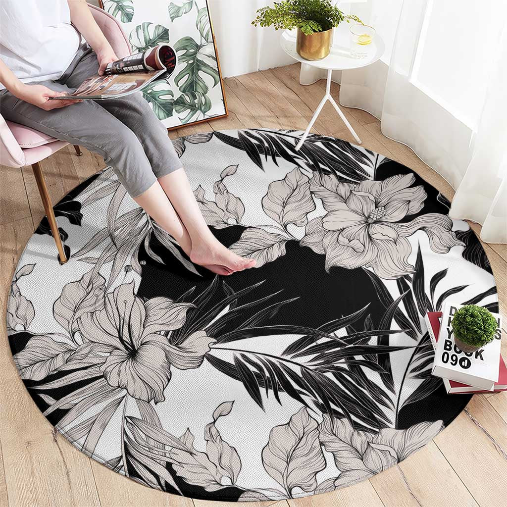 Black White Monotone Tropical Flowers Pattern Round Carpet LT01 - Polynesian Pride