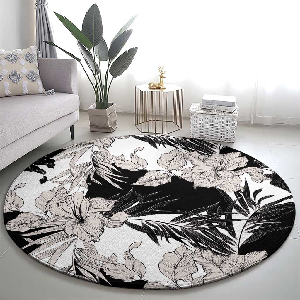 Black White Monotone Tropical Flowers Pattern Round Carpet LT01 - Polynesian Pride