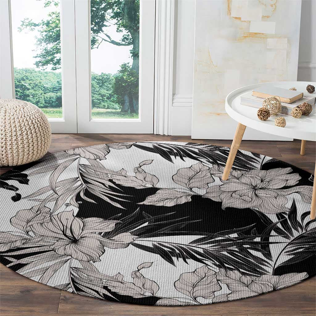 Black White Monotone Tropical Flowers Pattern Round Carpet LT01 - Polynesian Pride