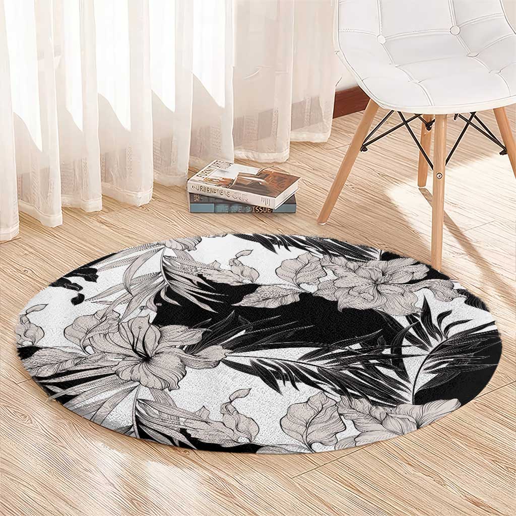 Black White Monotone Tropical Flowers Pattern Round Carpet LT01 - Polynesian Pride