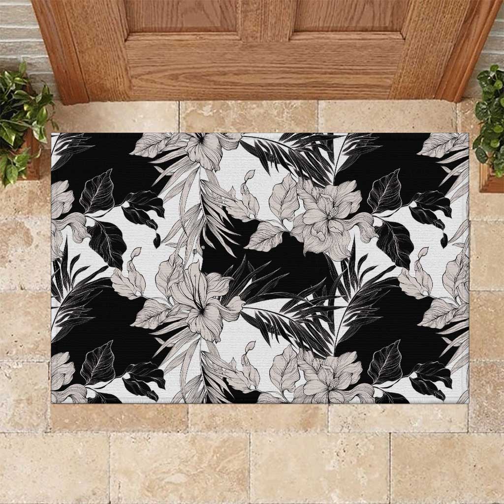 Black White Monotone Tropical Flowers Pattern Rubber Doormat - Polynesian Pride