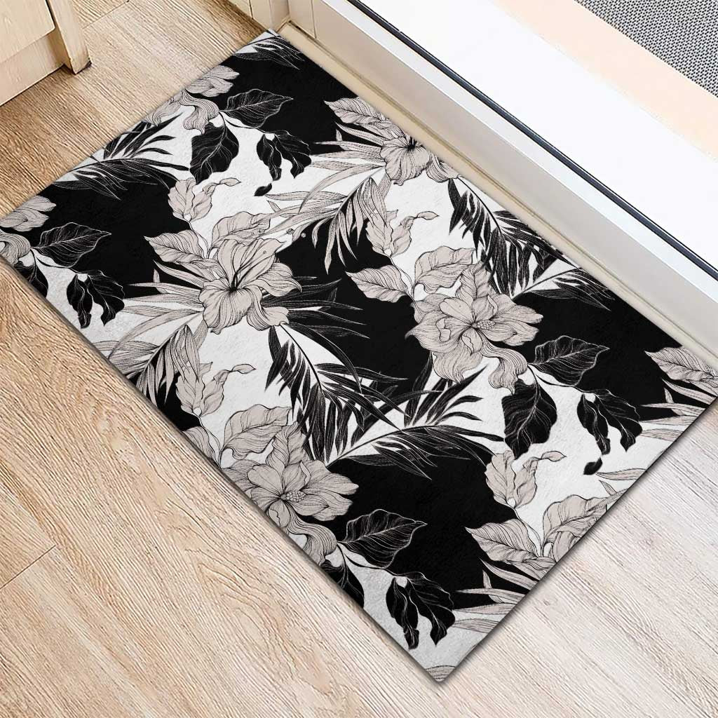 Black White Monotone Tropical Flowers Pattern Rubber Doormat - Polynesian Pride