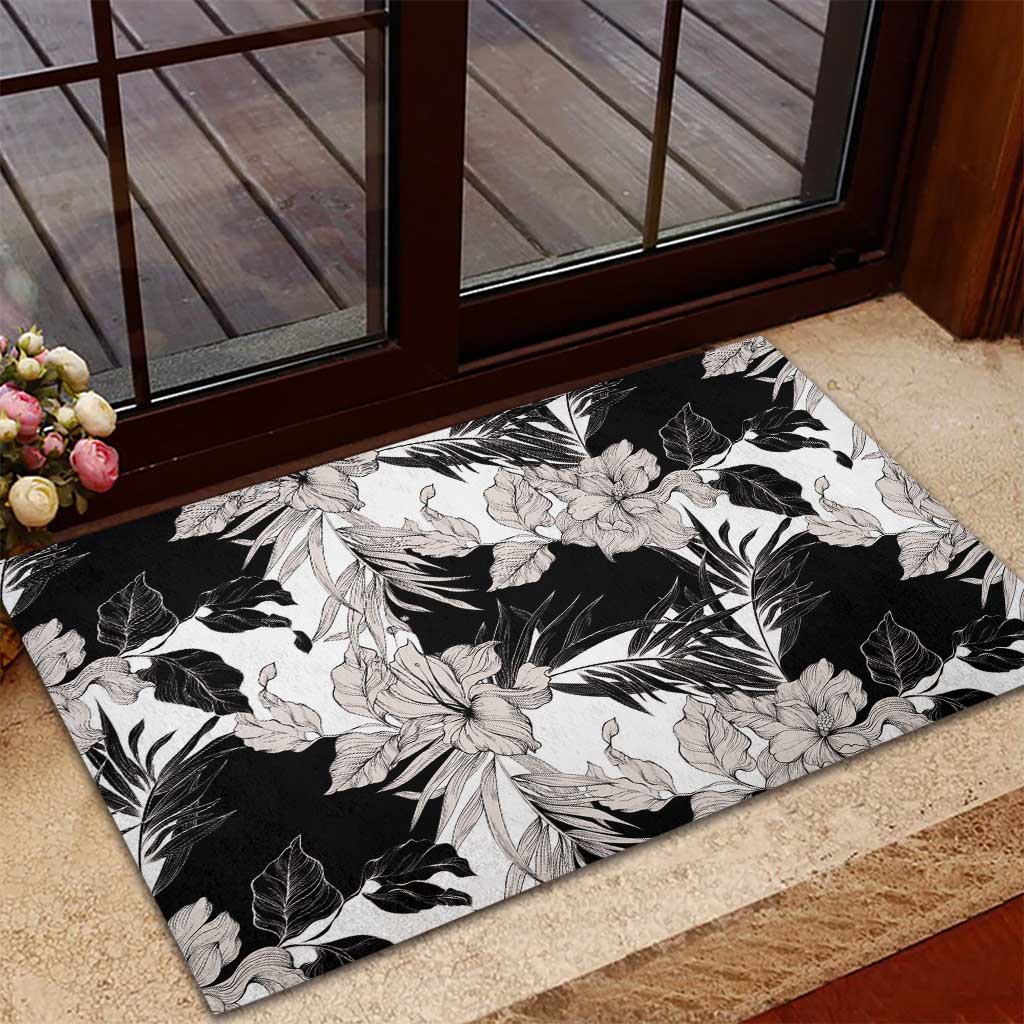 Black White Monotone Tropical Flowers Pattern Rubber Doormat - Polynesian Pride