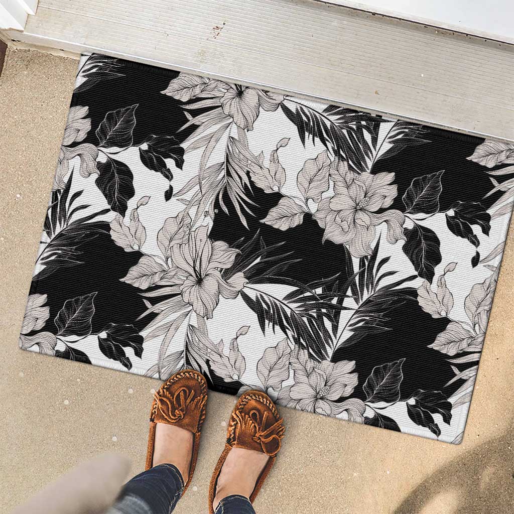 Black White Monotone Tropical Flowers Pattern Rubber Doormat - Polynesian Pride