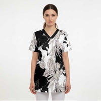 Black White Monotone Tropical Flowers Pattern Scrub Top - Polynesian Pride