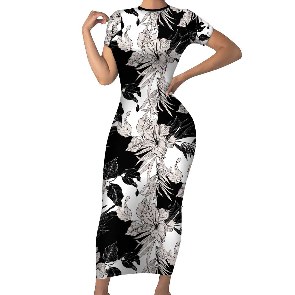 Black White Monotone Tropical Flowers Pattern Short Sleeve Bodycon Dress LT01 Long Dress Black - Polynesian Pride