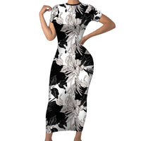 Black White Monotone Tropical Flowers Pattern Short Sleeve Bodycon Dress LT01 Long Dress Black - Polynesian Pride