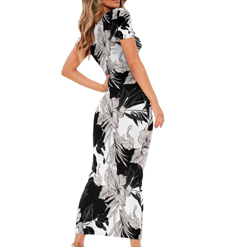 Black White Monotone Tropical Flowers Pattern Short Sleeve Bodycon Dress LT01 - Polynesian Pride