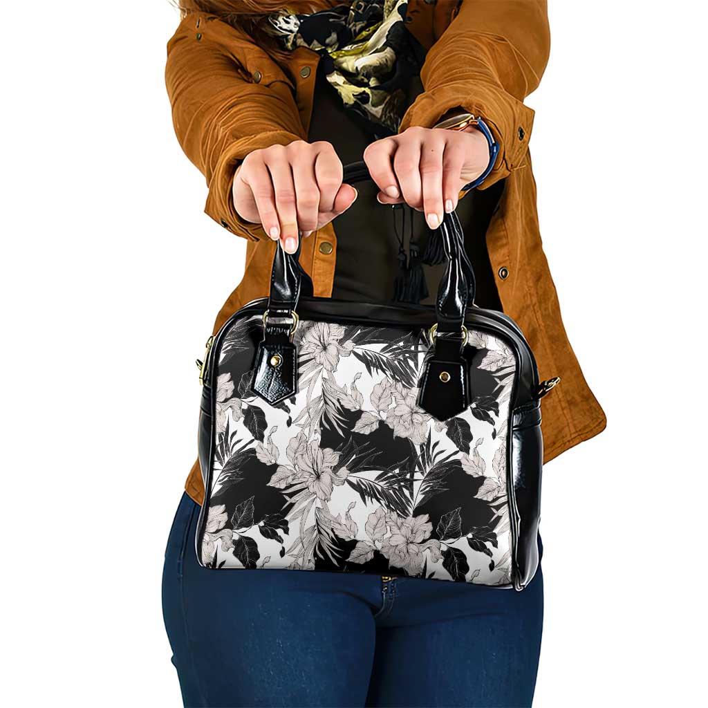 Black White Monotone Tropical Flowers Pattern Shoulder Handbag - Polynesian Pride
