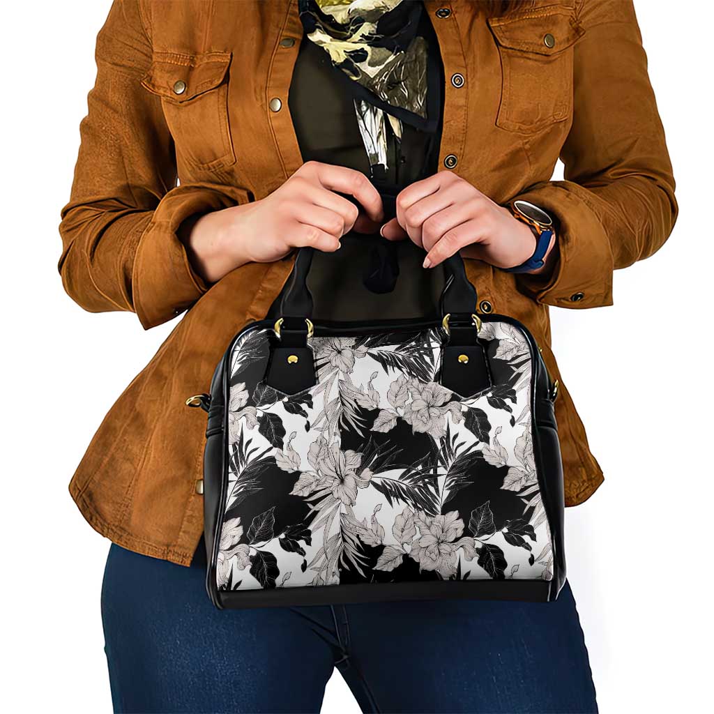 Black White Monotone Tropical Flowers Pattern Shoulder Handbag LT01 - Polynesian Pride
