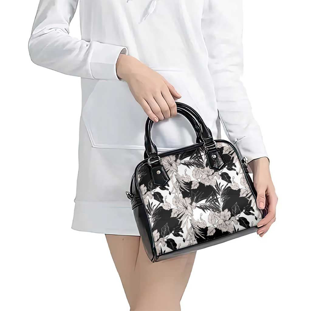 Black White Monotone Tropical Flowers Pattern Shoulder Handbag LT01 - Polynesian Pride