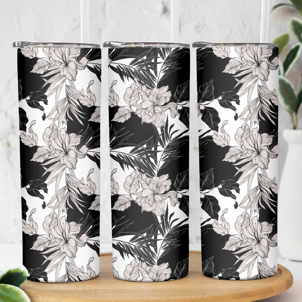 Black White Monotone Tropical Flowers Pattern Skinny Tumbler - Polynesian Pride