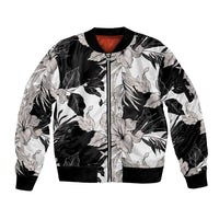 Black White Monotone Tropical Flowers Pattern Sleeve Zip Bomber Jacket LT01 Unisex Black - Polynesian Pride