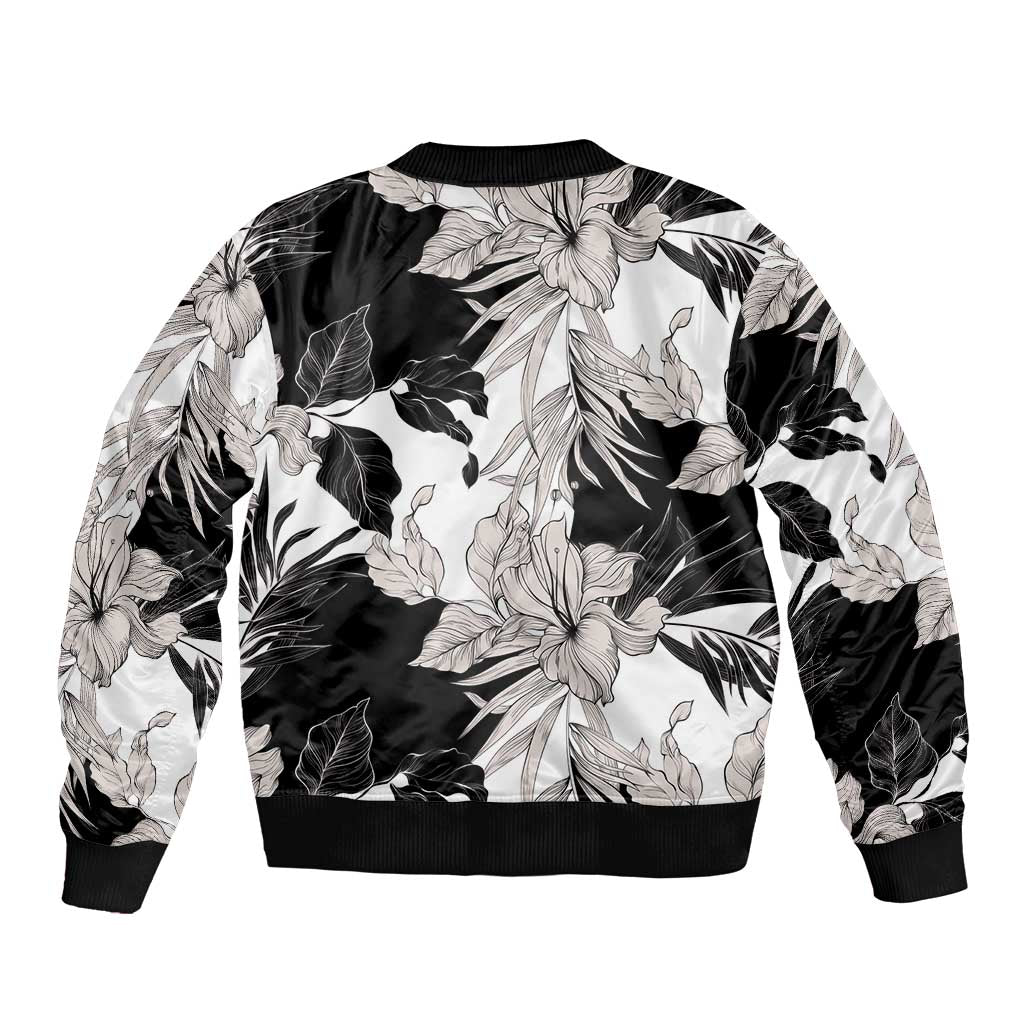 Black White Monotone Tropical Flowers Pattern Sleeve Zip Bomber Jacket LT01 - Polynesian Pride