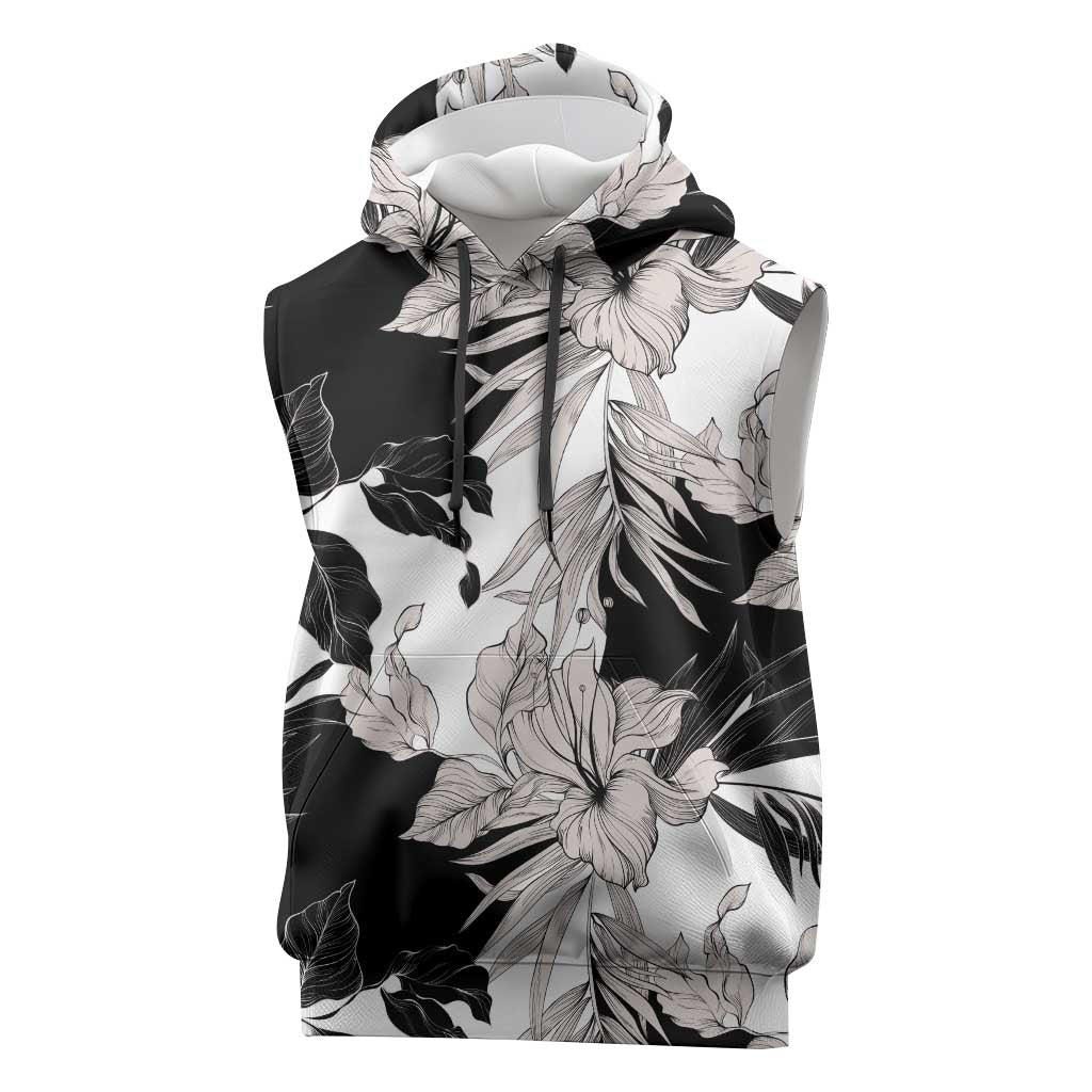 Black White Monotone Tropical Flowers Pattern Sleeveless Hoodie - Polynesian Pride