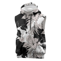 Black White Monotone Tropical Flowers Pattern Sleeveless Hoodie - Polynesian Pride