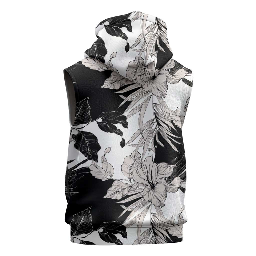 Black White Monotone Tropical Flowers Pattern Sleeveless Hoodie - Polynesian Pride