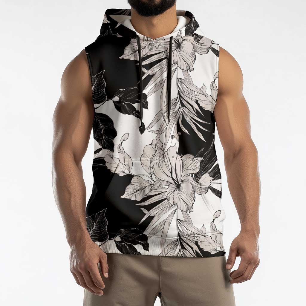Black White Monotone Tropical Flowers Pattern Sleeveless Hoodie - Polynesian Pride