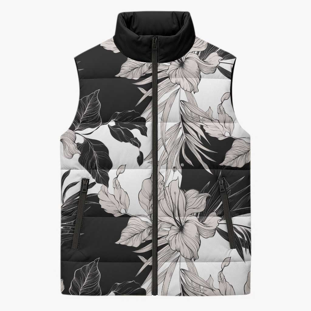 Black White Monotone Tropical Flowers Pattern Sleeveless Puffer Jacket - Polynesian Pride