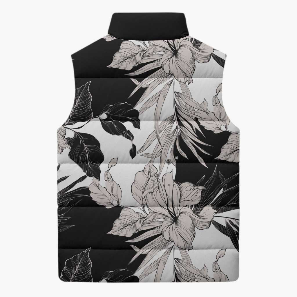 Black White Monotone Tropical Flowers Pattern Sleeveless Puffer Jacket - Polynesian Pride