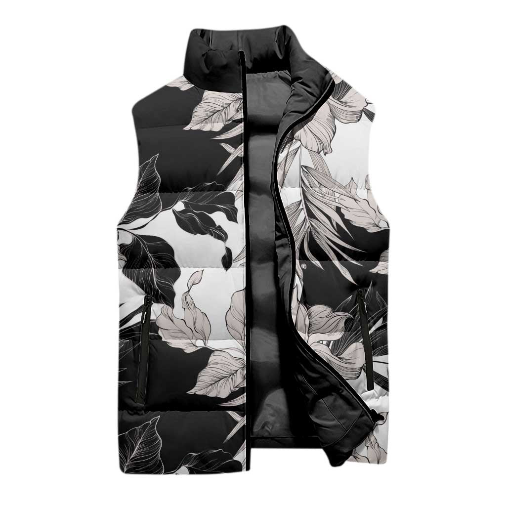Black White Monotone Tropical Flowers Pattern Sleeveless Puffer Jacket - Polynesian Pride
