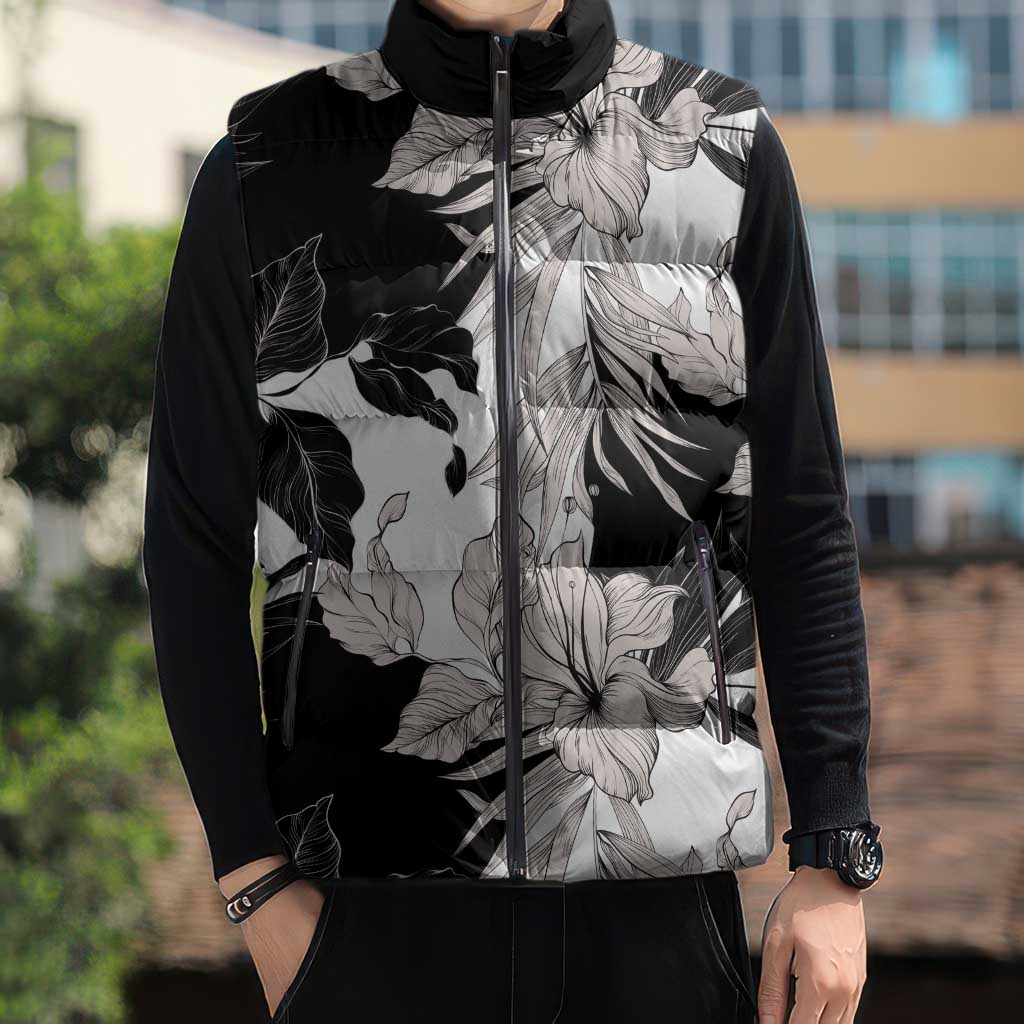 Black White Monotone Tropical Flowers Pattern Sleeveless Puffer Jacket - Polynesian Pride