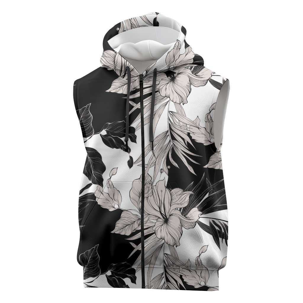 Black White Monotone Tropical Flowers Pattern Sleeveless Zip Hoodie LT01 Black - Polynesian Pride