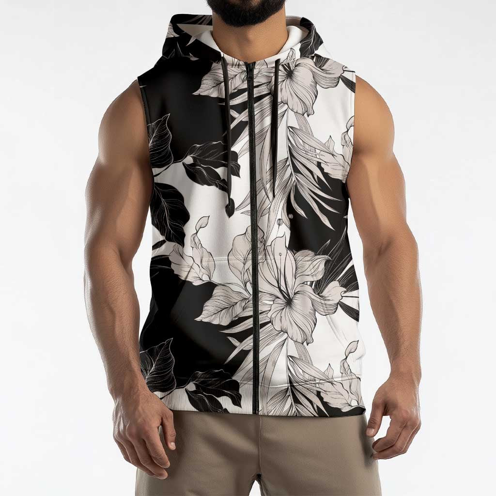 Black White Monotone Tropical Flowers Pattern Sleeveless Zip Hoodie LT01 - Polynesian Pride