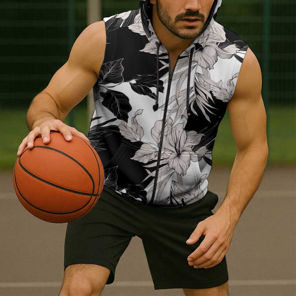 Black White Monotone Tropical Flowers Pattern Sleeveless Zip Hoodie LT01 - Polynesian Pride