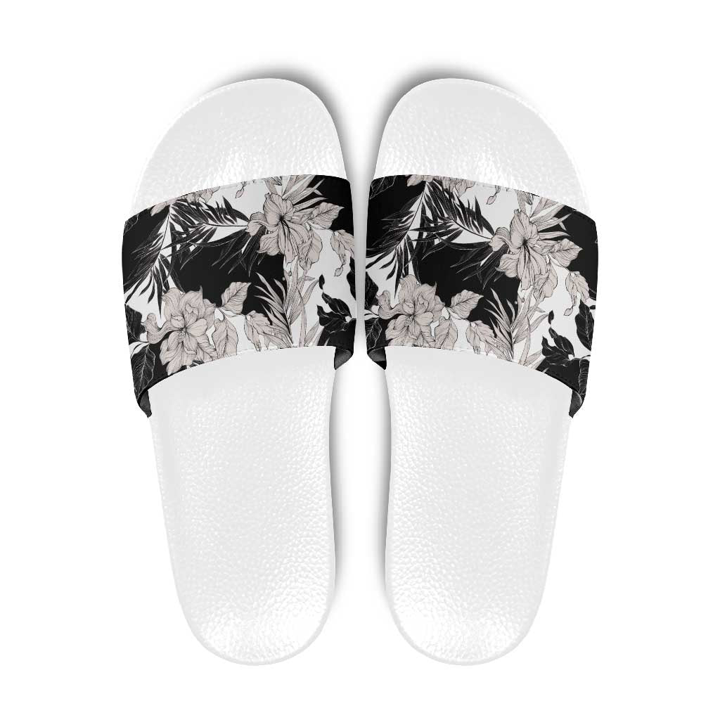 Black White Monotone Tropical Flowers Pattern Slide Sandals LT01 Black - Polynesian Pride