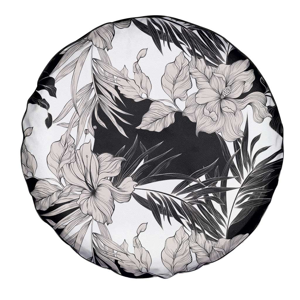Black White Monotone Tropical Flowers Pattern Spare Tire Cover - Polynesian Pride