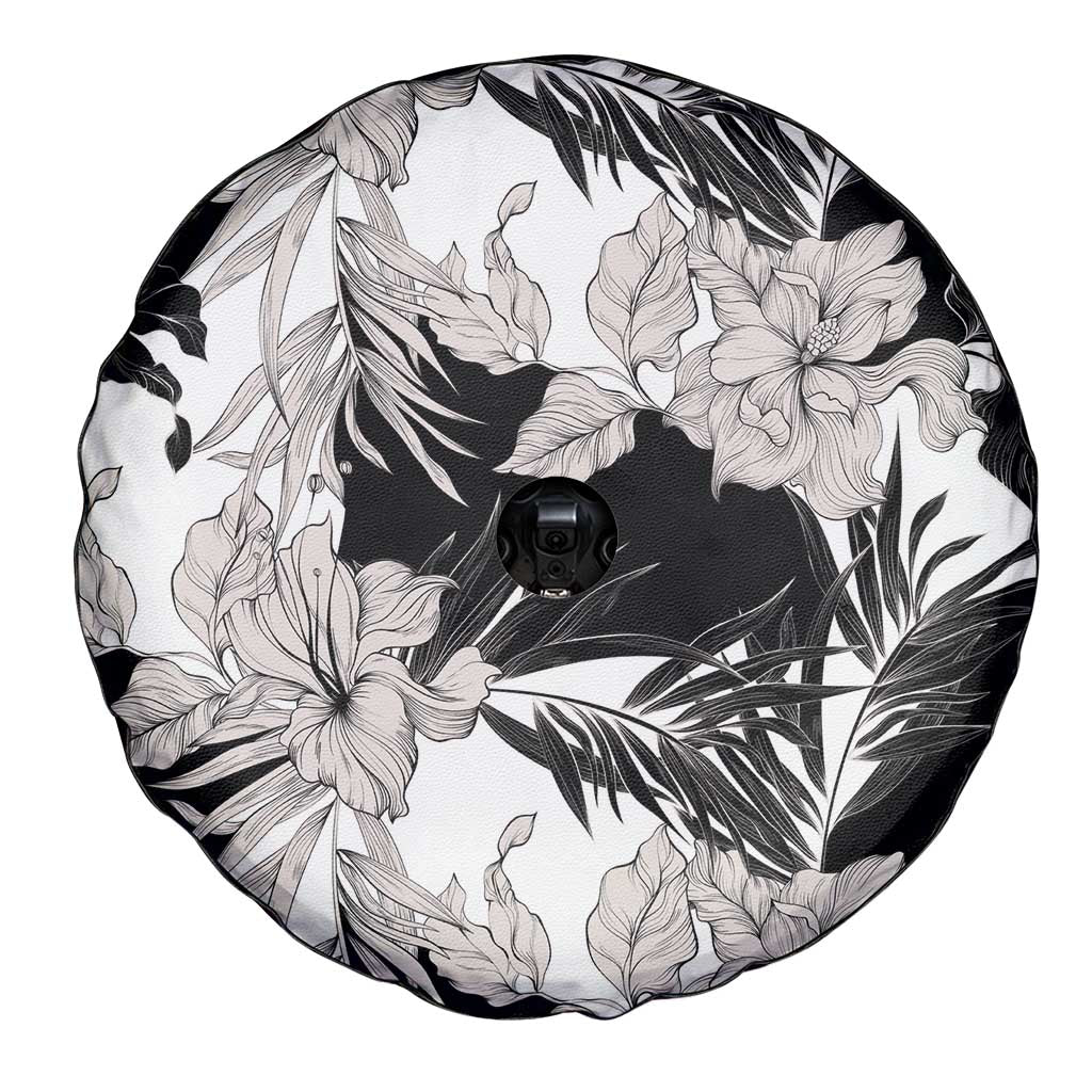 Black White Monotone Tropical Flowers Pattern Spare Tire Cover - Polynesian Pride
