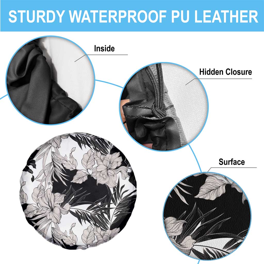 Black White Monotone Tropical Flowers Pattern Spare Tire Cover - Polynesian Pride