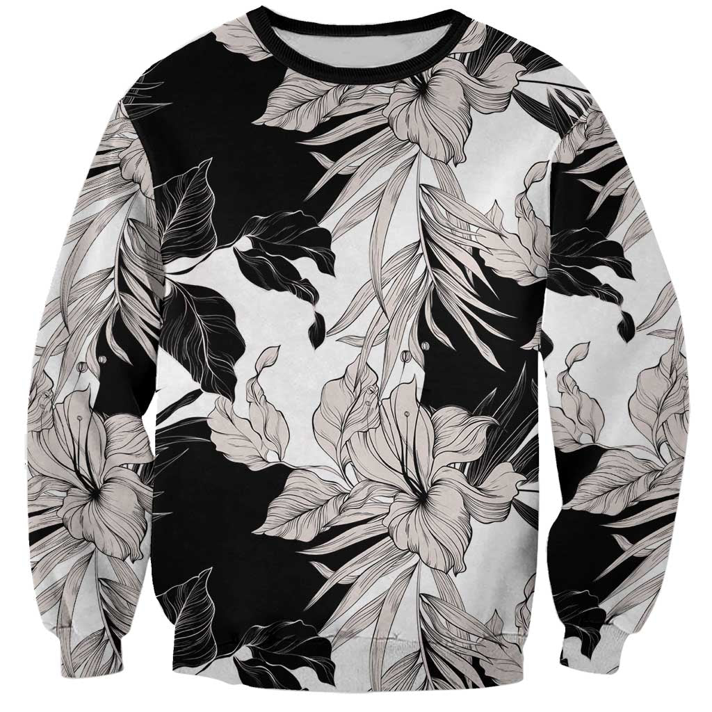 Black White Monotone Tropical Flowers Pattern Sweatshirt - Polynesian Pride