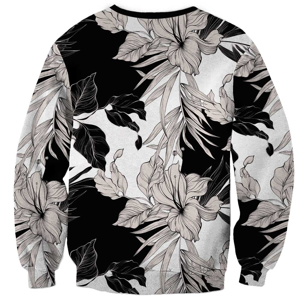 Black White Monotone Tropical Flowers Pattern Sweatshirt - Polynesian Pride