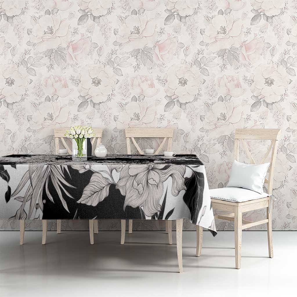 Black White Monotone Tropical Flowers Pattern Tablecloth LT01 - Polynesian Pride
