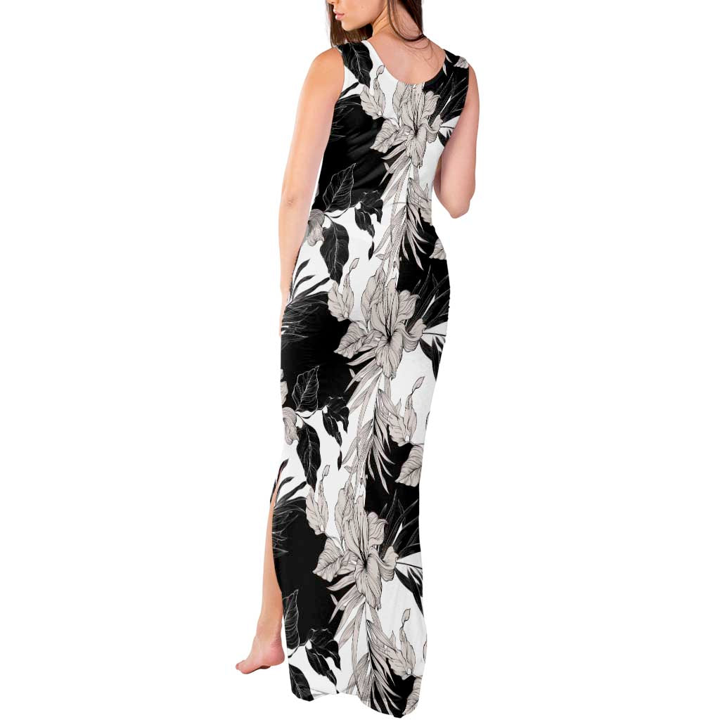 Black White Monotone Tropical Flowers Pattern Tank Maxi Dress LT01 - Polynesian Pride