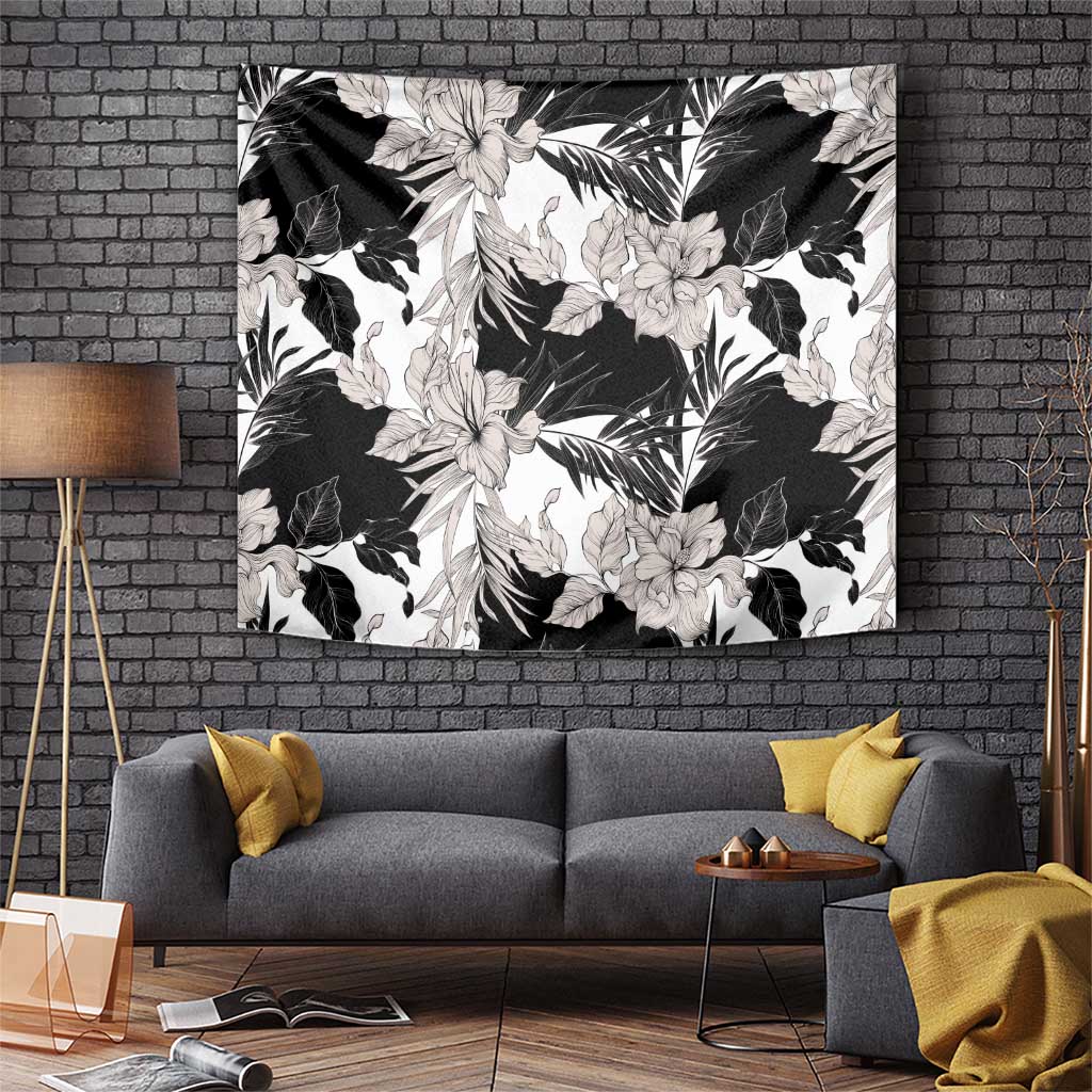 Black White Monotone Tropical Flowers Pattern Tapestry - Polynesian Pride