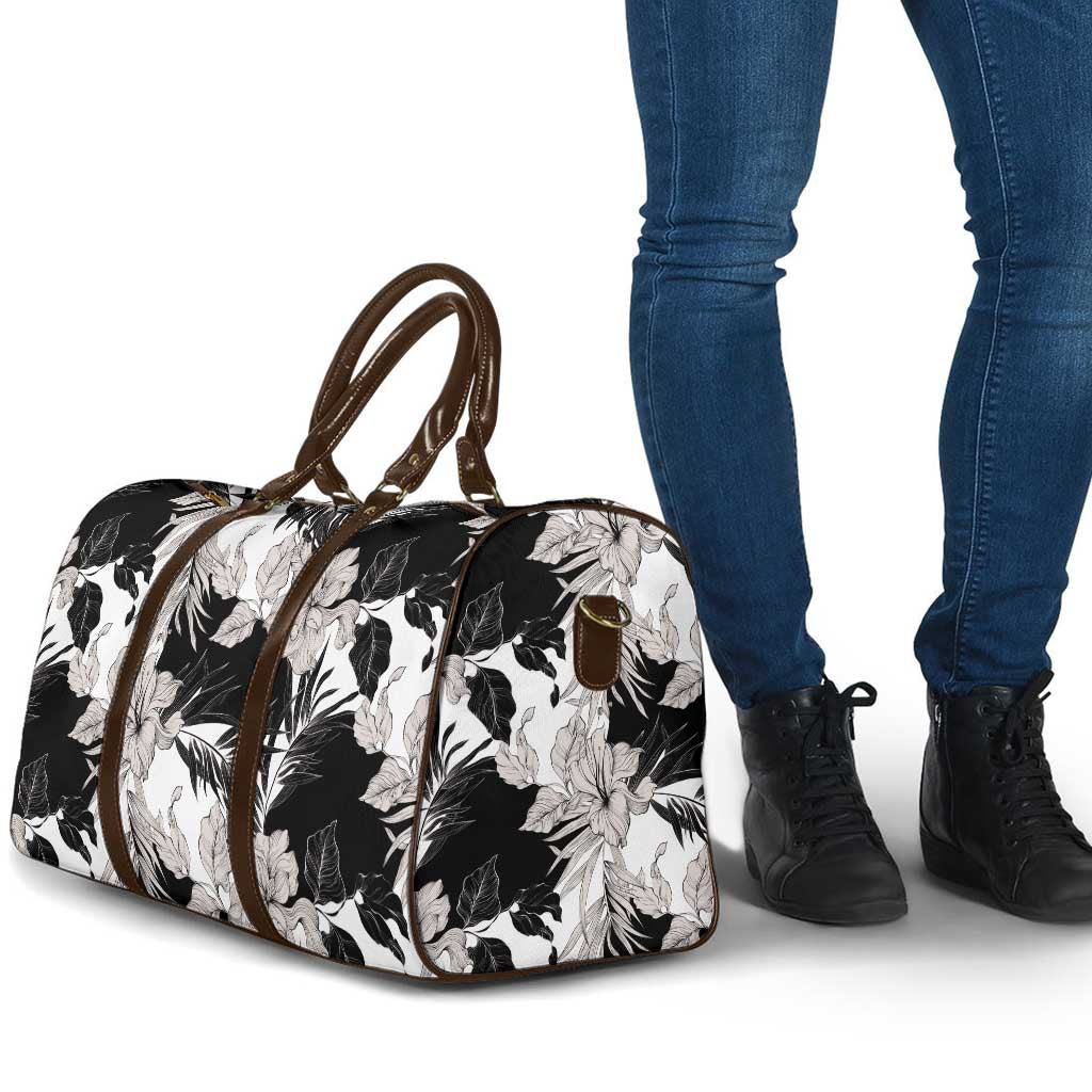 Black White Monotone Tropical Flowers Pattern Travel Bag - Polynesian Pride