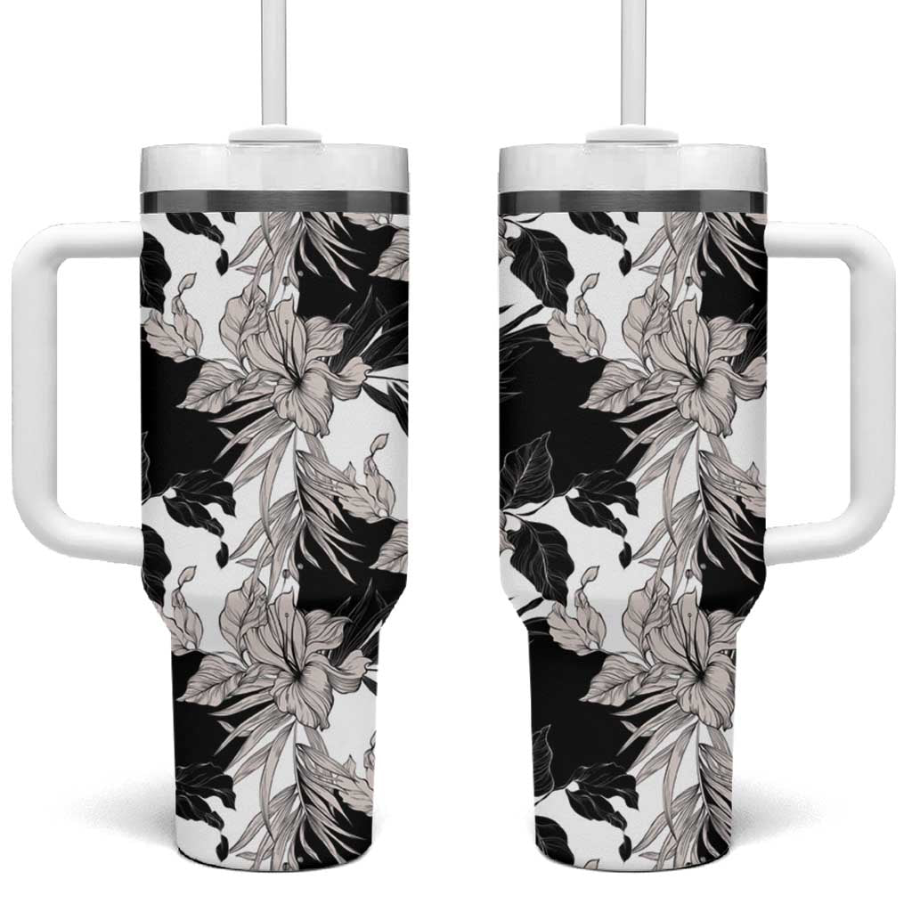 Black White Monotone Tropical Flowers Pattern Tumbler With Handle LT01 One Size: 40 oz Black - Polynesian Pride