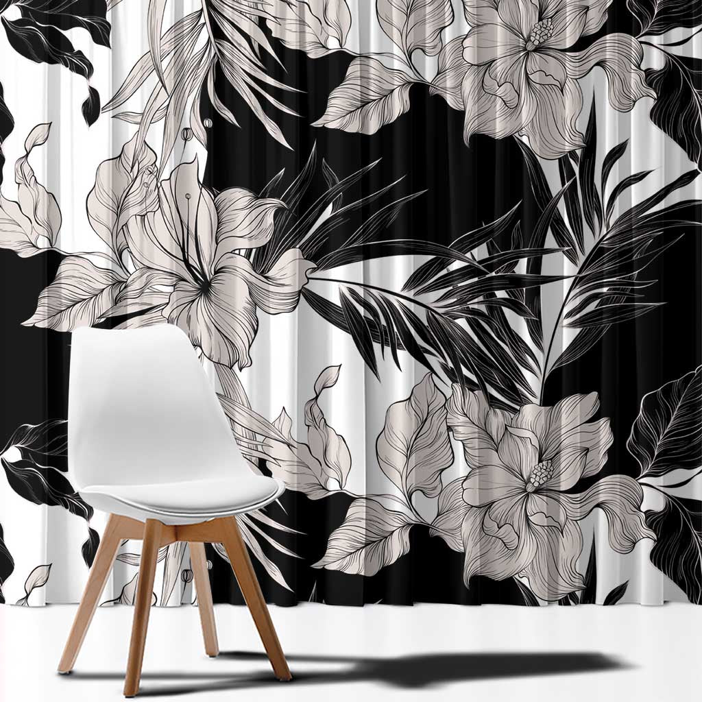 Black White Monotone Tropical Flowers Pattern Window Curtain LT01 - Polynesian Pride