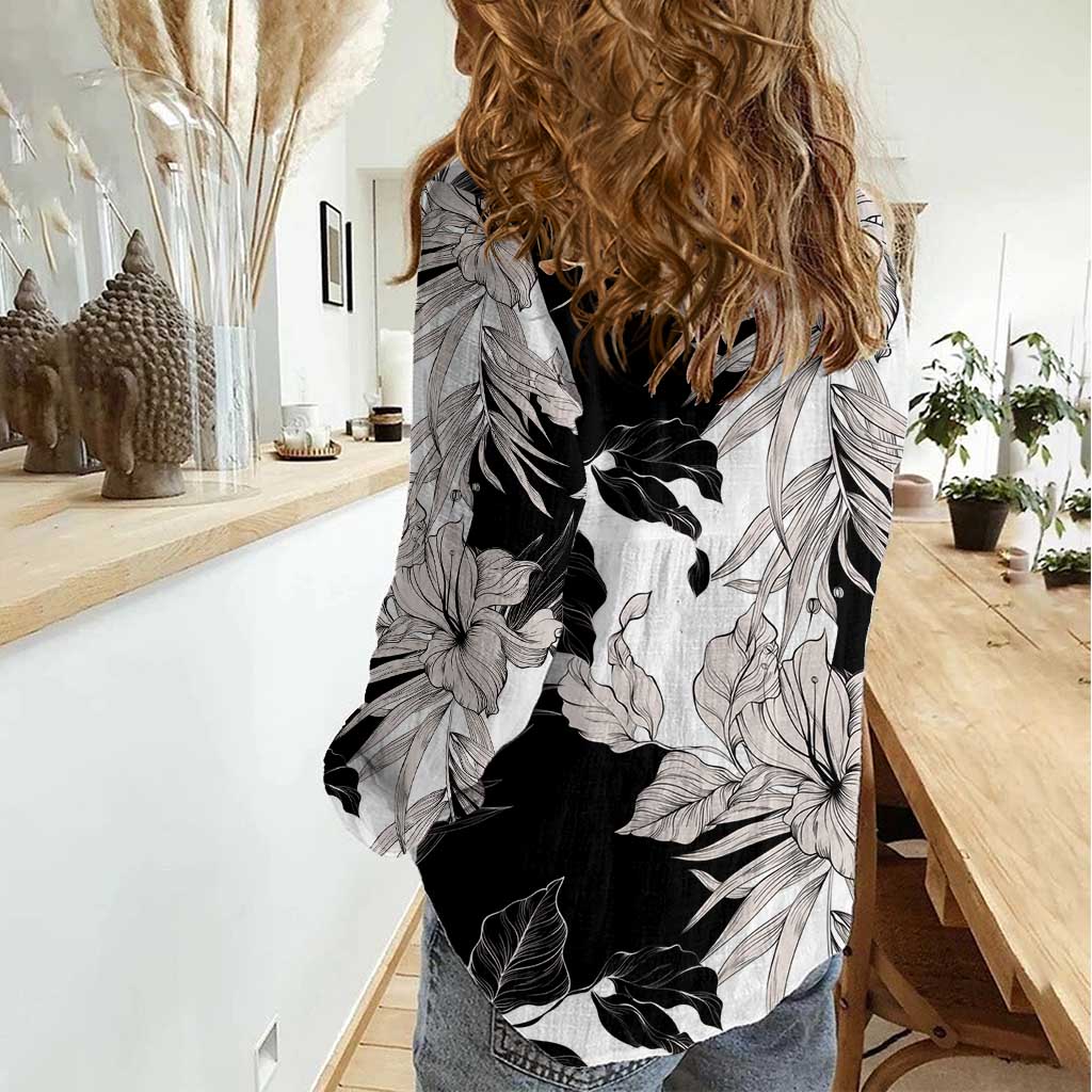 Black White Monotone Tropical Flowers Pattern Women Casual Shirt - Polynesian Pride